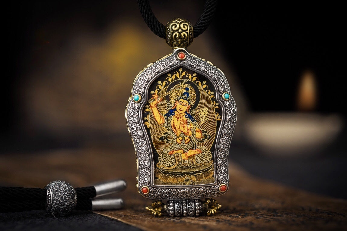 Black‑Gold Thangka Gau Necklace | 925 Silver & Dharma Wheel