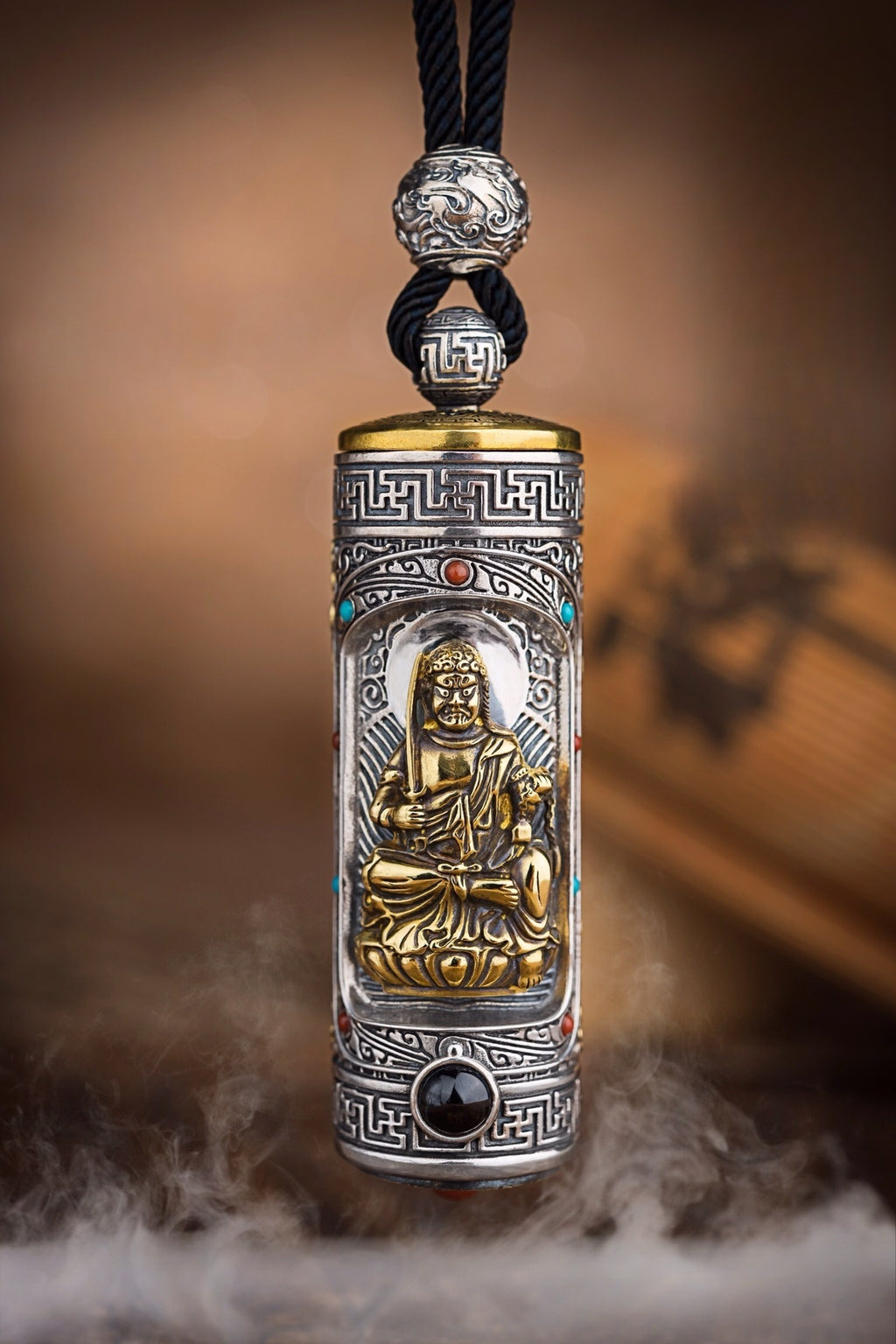 Tibetan Six-Syllable Prayer Wheel Pendant – Silver & Gemstone