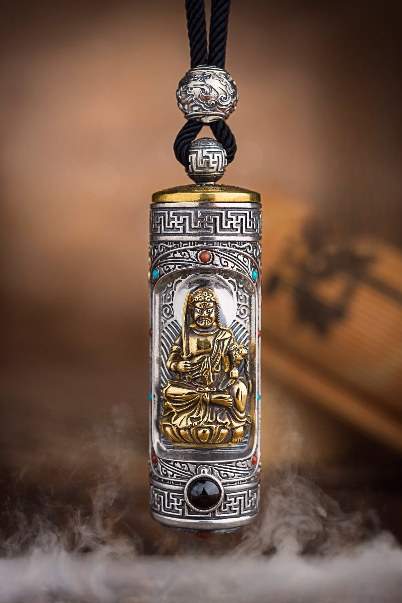 Tibetan Six-Syllable Prayer Wheel Pendant – Silver & Gemstone