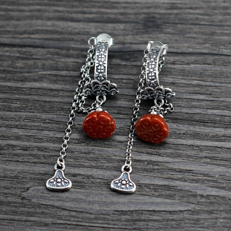 925 silver Tibetan long tassel Nanhong asymmetric earrings women's niche design high sense