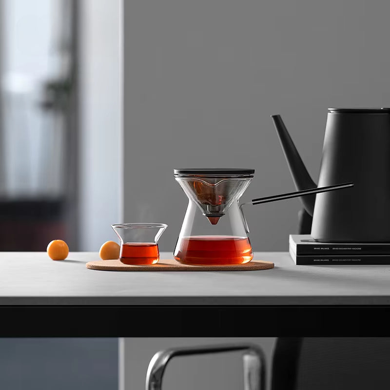 Classic Series 1-4Cup Wood Neck Drip Pot Elegant Ceramic Pour Over Coffee and Tea Maker Set with Filter for Travel and Camping