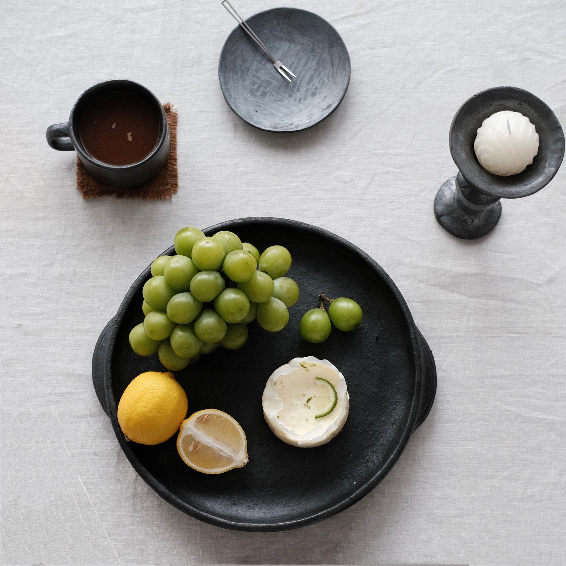 Tibetan Black Pottery  Double‑Ear Tray – Handmade Rustic Plate