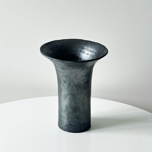 Handmade Tibetan Wide‑Mouth Black Pottery Vase