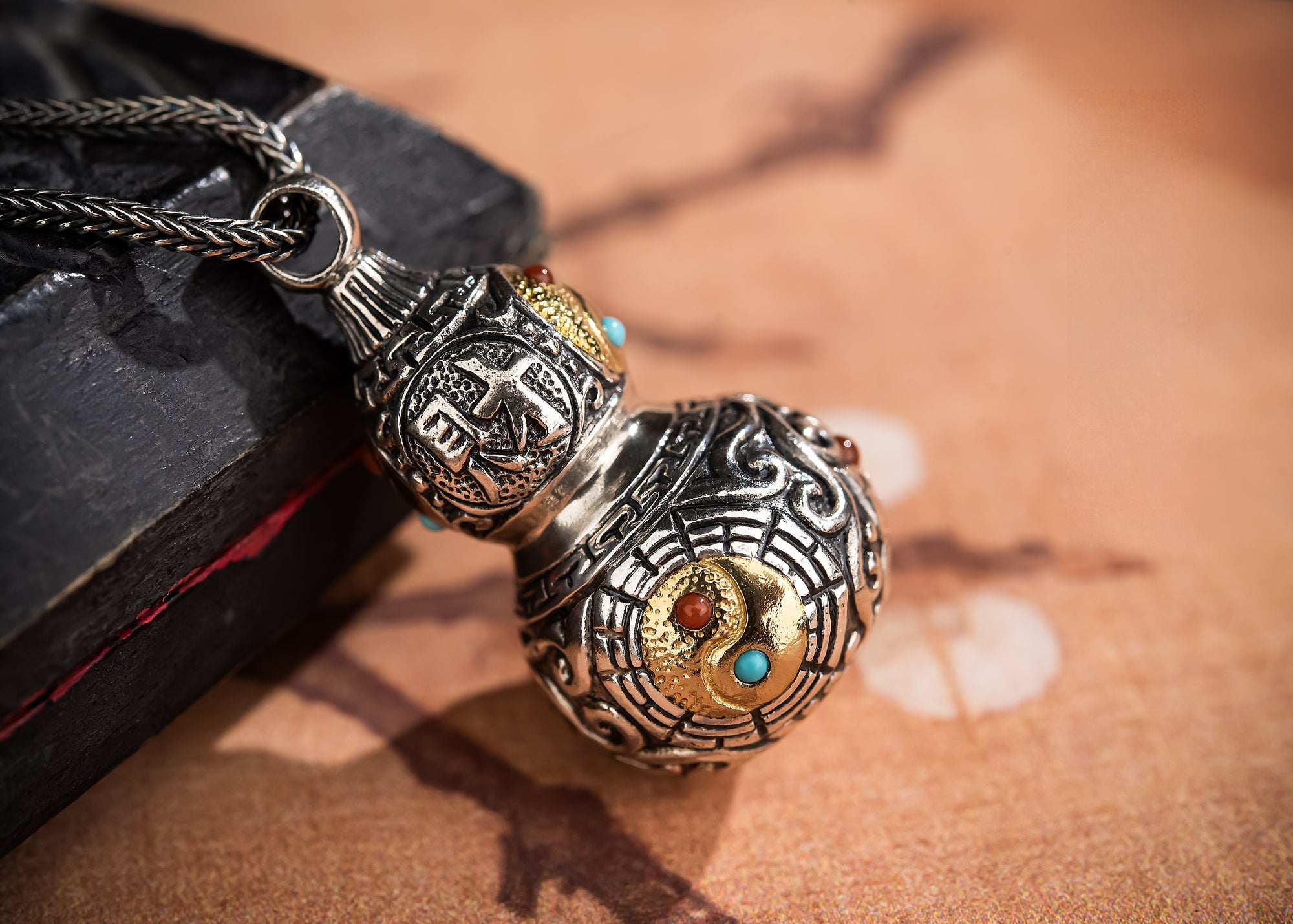 Tibetan Gourd Pendant | Sterling Silver, Brass & Agate Luck Charm