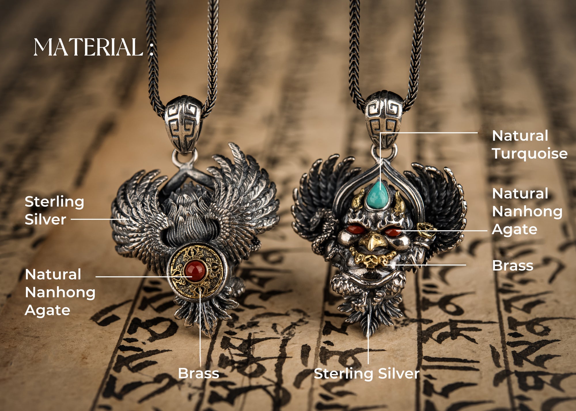 Garuda Guardian Pendant | Sterling Silver, Agate & Turquoise