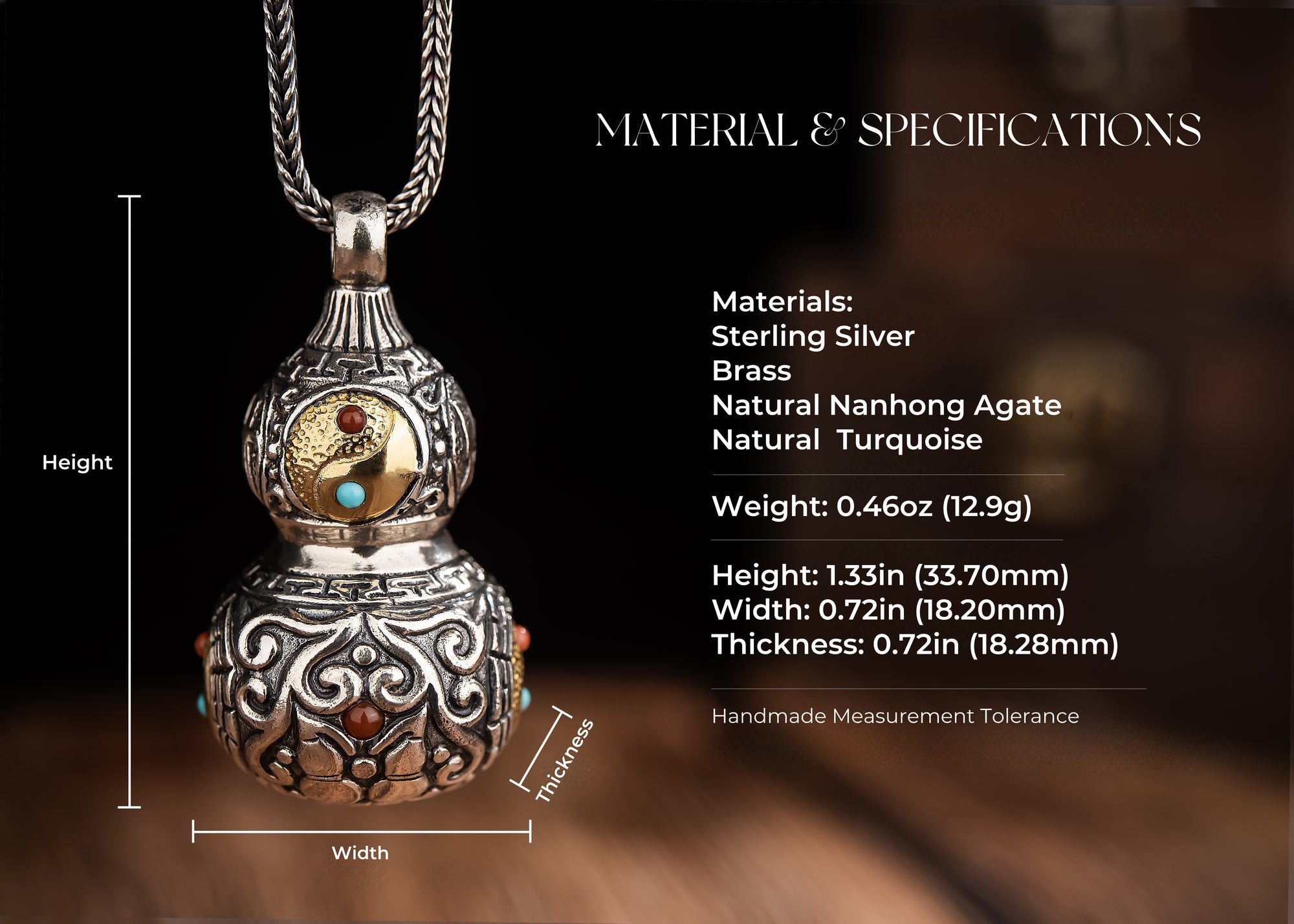 Tibetan Gourd Pendant | Sterling Silver, Brass & Agate Luck Charm