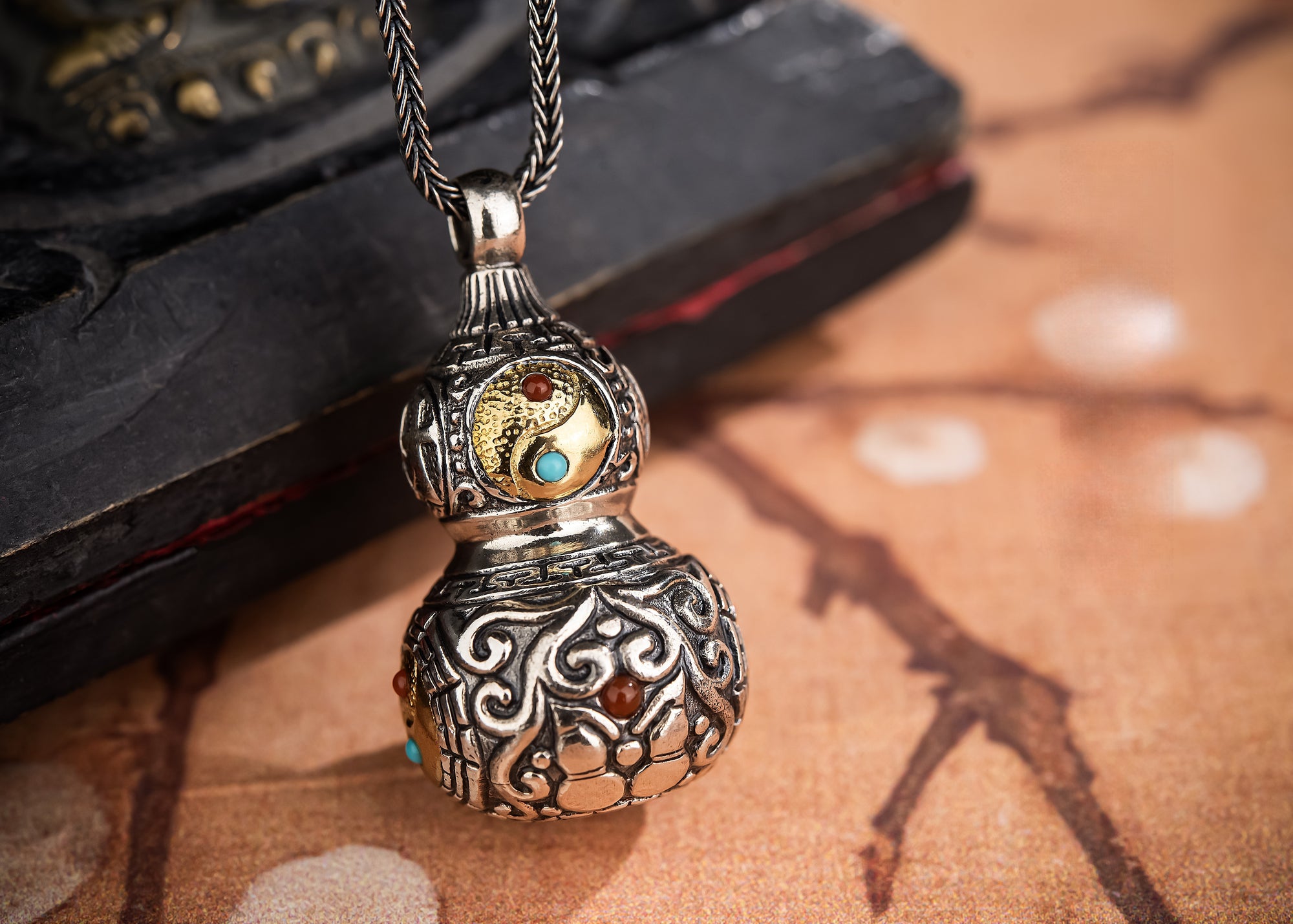 Tibetan Gourd Pendant | Sterling Silver, Brass & Agate Luck Charm
